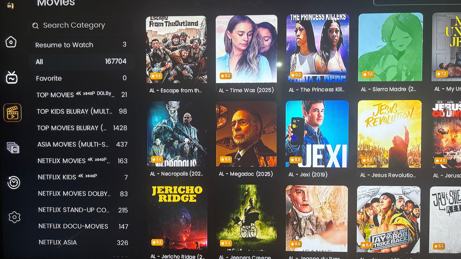 Strong 8K IPTV app interface showing channel categories and EPG guide