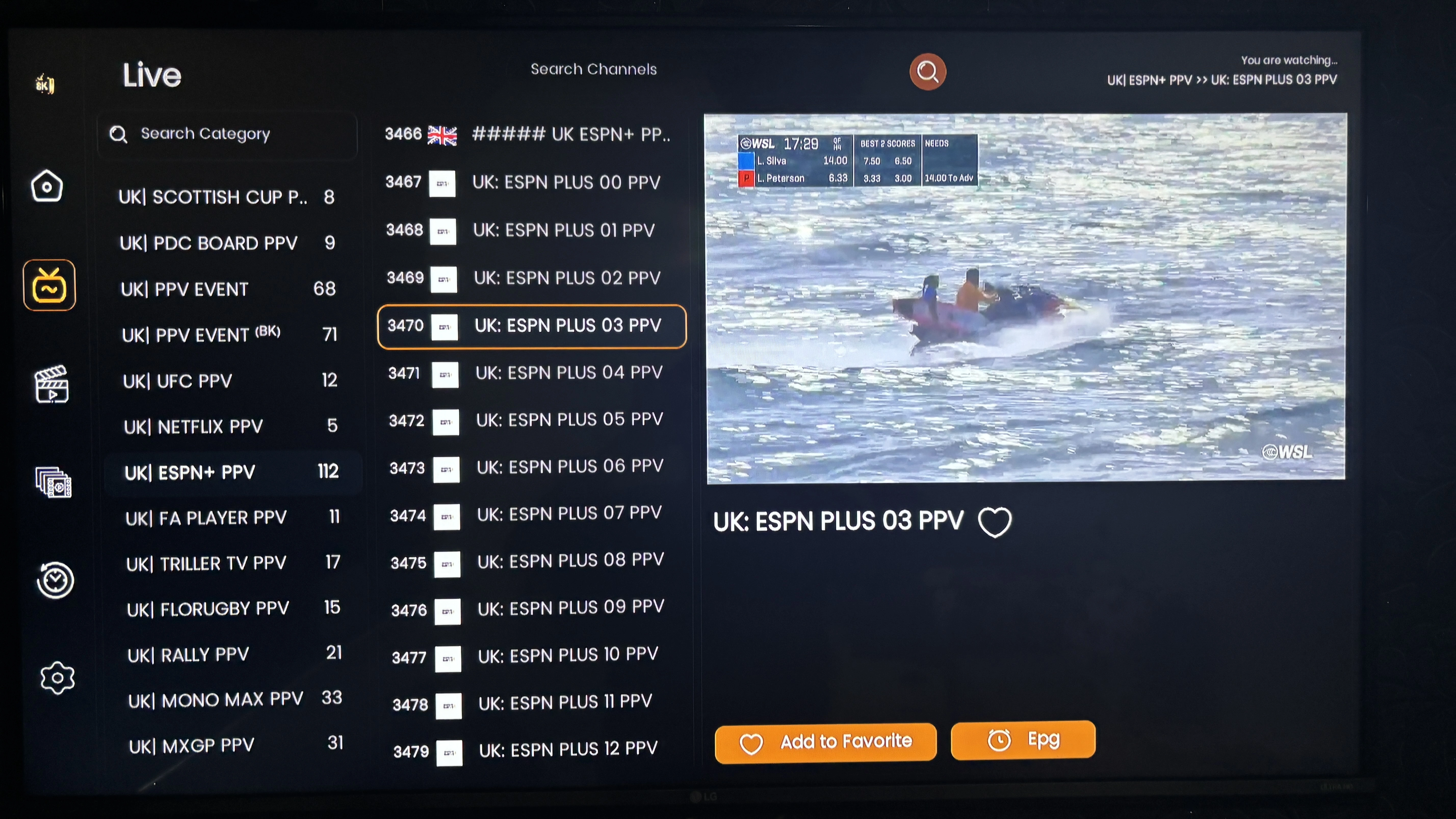 IPTV free trial channels showing UK sports and entertainment
