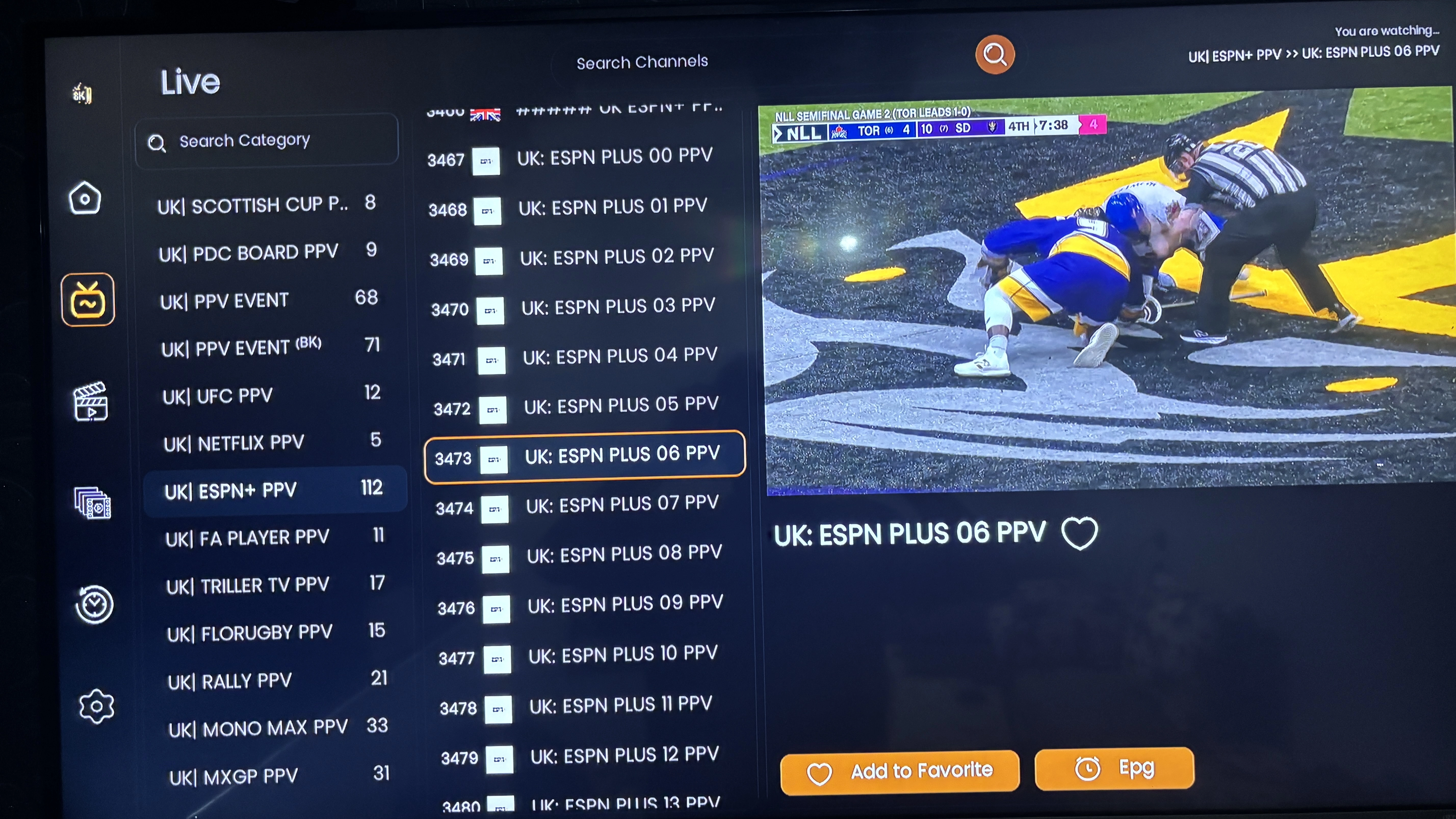 Strong IPTV streaming quality showing HD sports channels